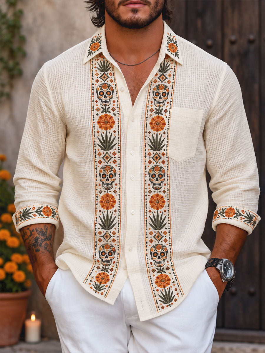 Men's Mexico Day of The Dead Floral Art Printed Waffle Shirt