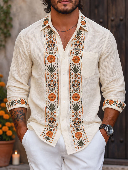 Men's Mexico Day of The Dead Floral Art Printed Waffle Shirt