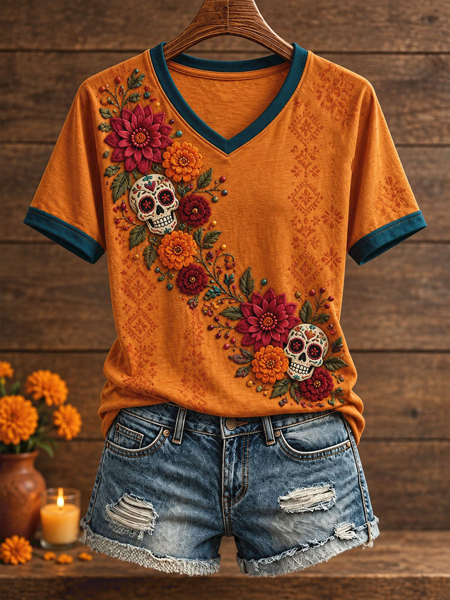 Women's Mexico Day of The Dead Floral Art Printed T-shirt