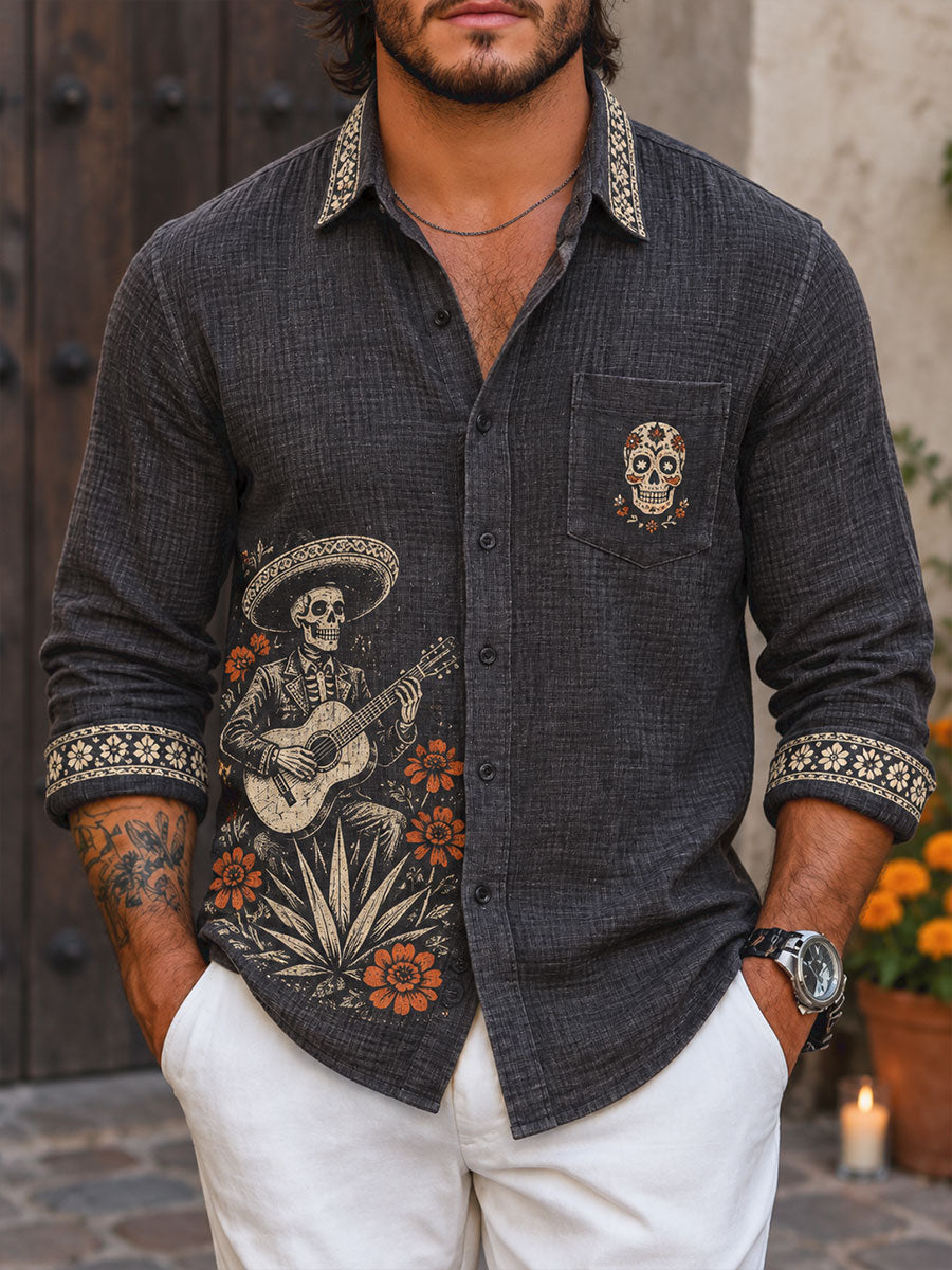 Men's Mexico Day of The Dead Floral Art Printed Waffle Shirt