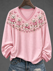 Women's Dog Pattern and Pink Charity Ribbon Design Casual  V-Neck T-Shirt