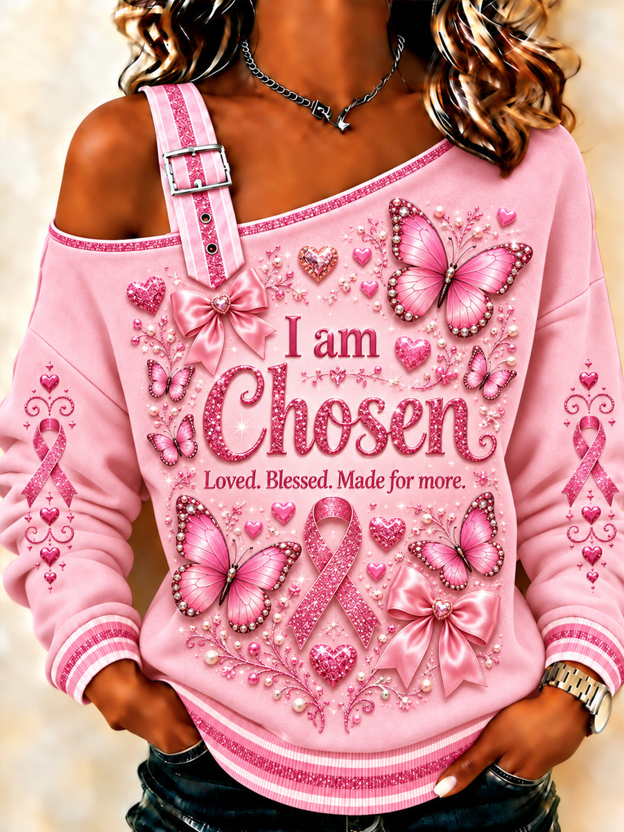 Women's Breast Cancer Awareness Pink Ribbon Support  Casual Off-Shoulder Sweatshirt