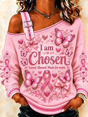 Women's Breast Cancer Awareness Pink Ribbon Support  Casual Off-Shoulder Sweatshirt