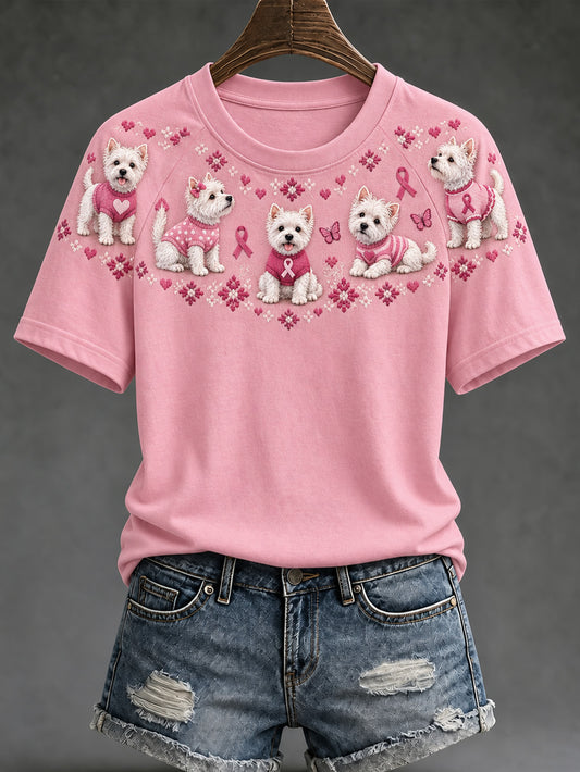 Women's Dog Pattern and Pink Charity Ribbon Design Casual Short sleeve T-shirt