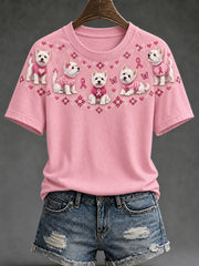 Women's Dog Pattern and Pink Charity Ribbon Design Casual Short sleeve T-shirt
