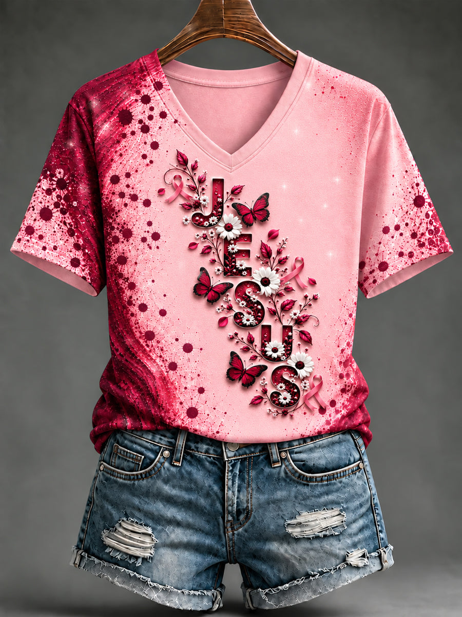 Women's Breast Cancer Awareness Pink Ribbon Support Short Sleeve T-Shirt