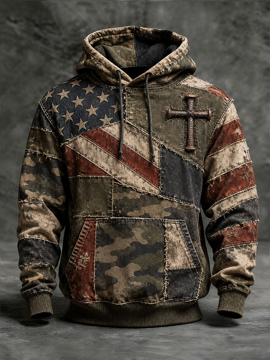 Men's American Flag Cross Camouflage Print Oversized Drop-Shoulder Hoodie With Pockets
