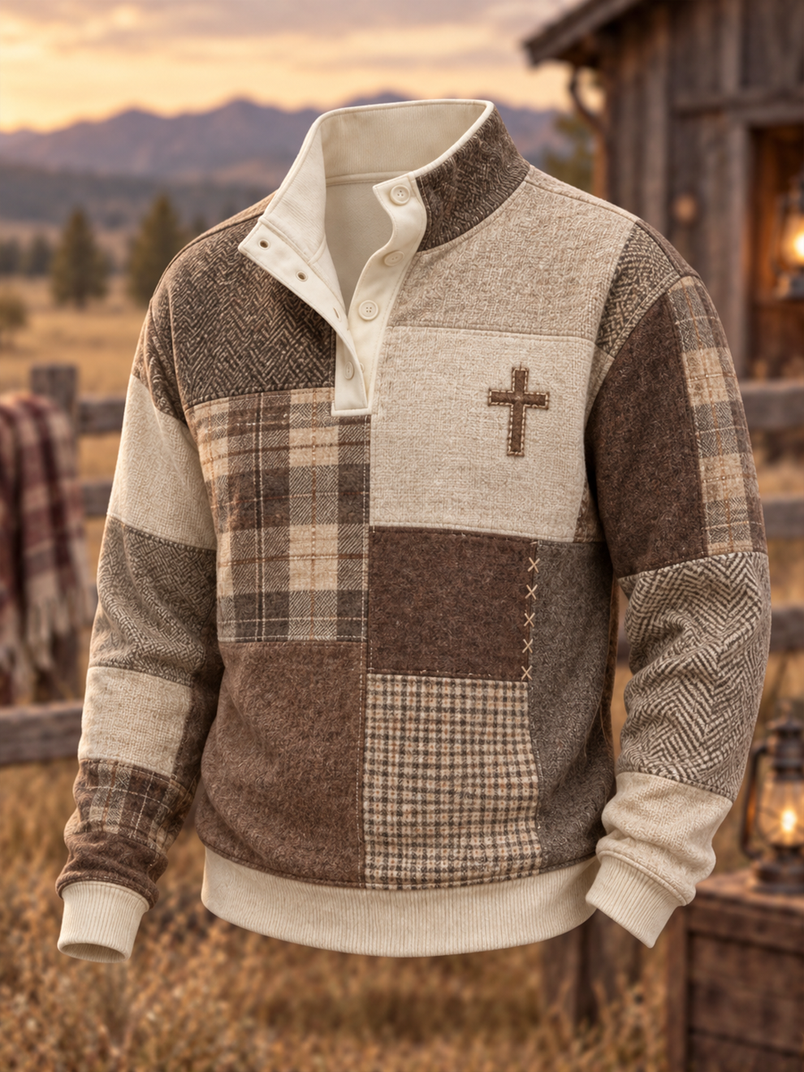 Men's Patchwork-style faith print four-button hoodie
