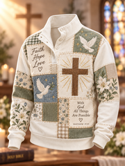 Men's Patchwork-style faith print four-button hoodie