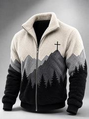 Men's Vintage Cross Mountains Forest Landscape Contrast Print Flannel Jacket