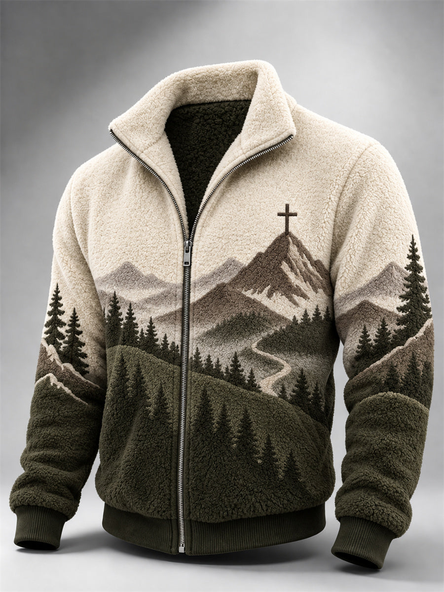 Men's Vintage Cross Mountains Forest Landscape Contrast Print Flannel Jacket