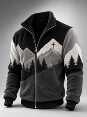 Men's Vintage Cross Mountains Forest Landscape Contrast Print Flannel Jacket