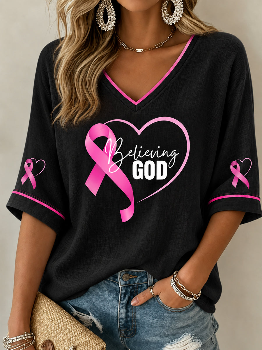 Women's Breast Cancer Awareness Pink Ribbon Support Mid-length Sleeves V-Neck T-Shirt