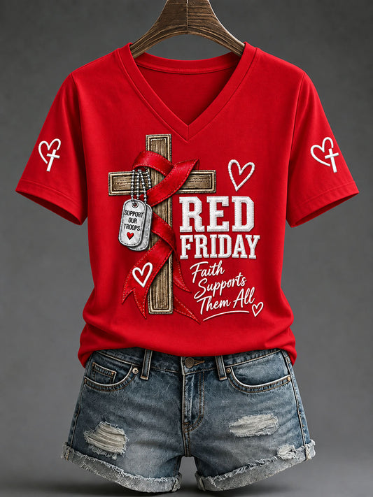 Women's Red Friday Printed Casual T-Shirt