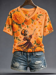 Women's Mexico Day of The Dead Floral Art Printed T-shirt