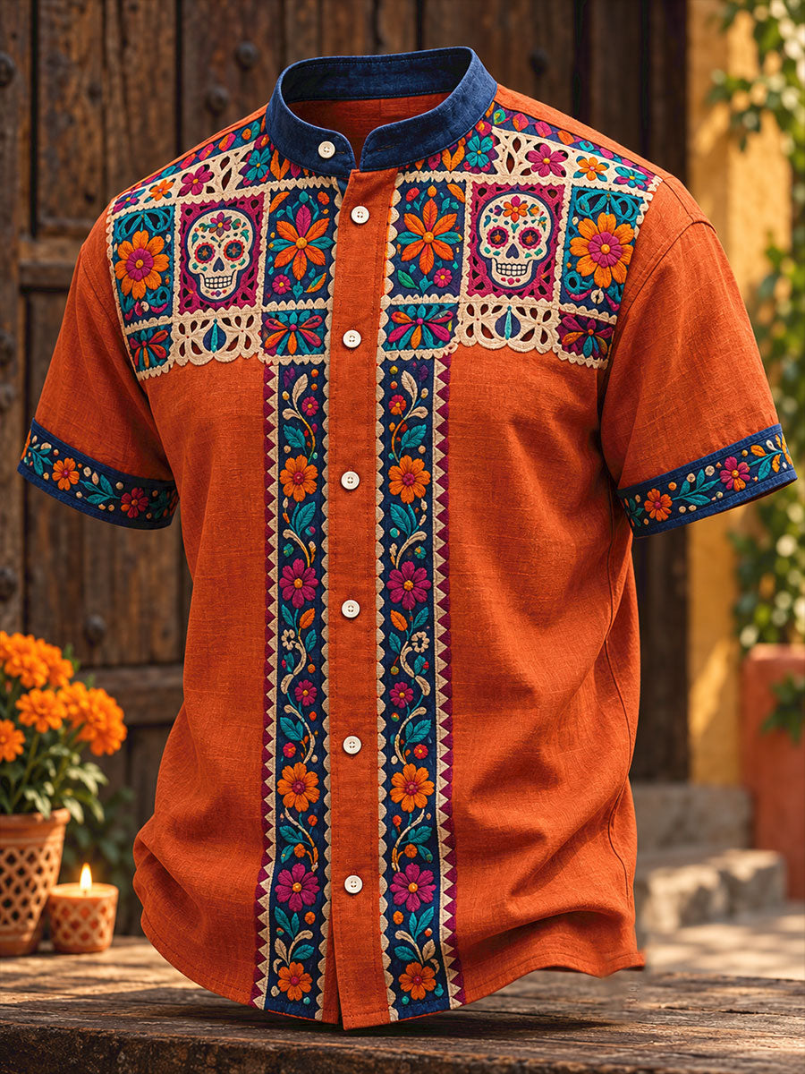 Men's Mexico Day of The Dead Floral Art Printed Shirt