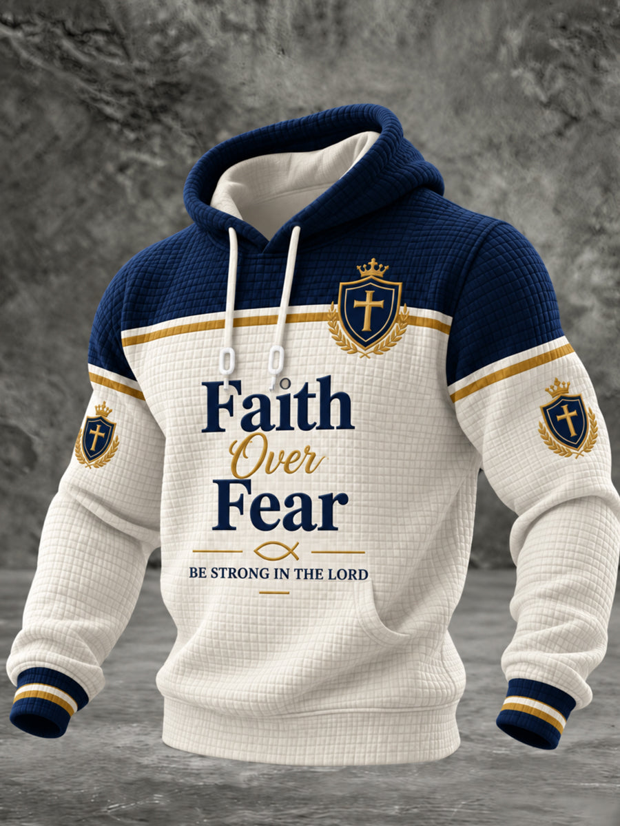 Men's Christian Faith Over Fear Cross Checkered Cotton Hoodie