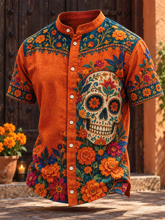 Men's Mexico Day of The Dead Floral Art Printed Shirt