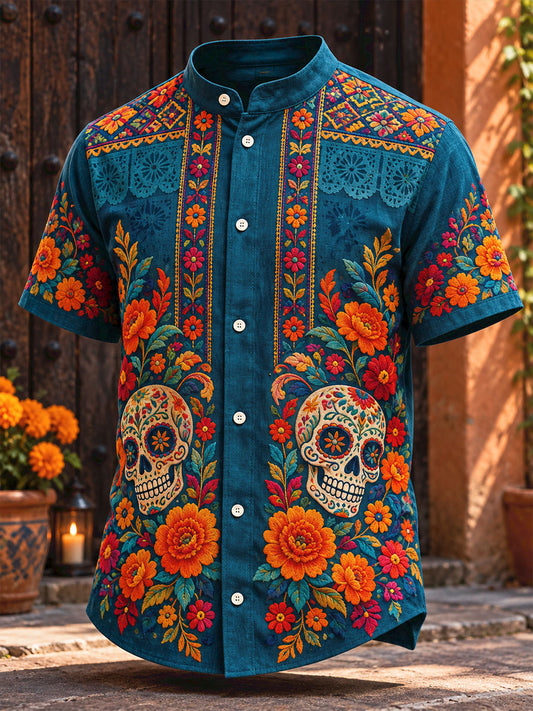 Men's Mexico Day of The Dead Floral Art Printed Shirt