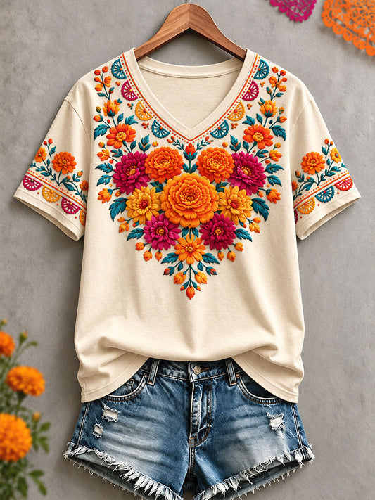 Women's Mexico Day of The Dead Floral Art Printed T-shirt