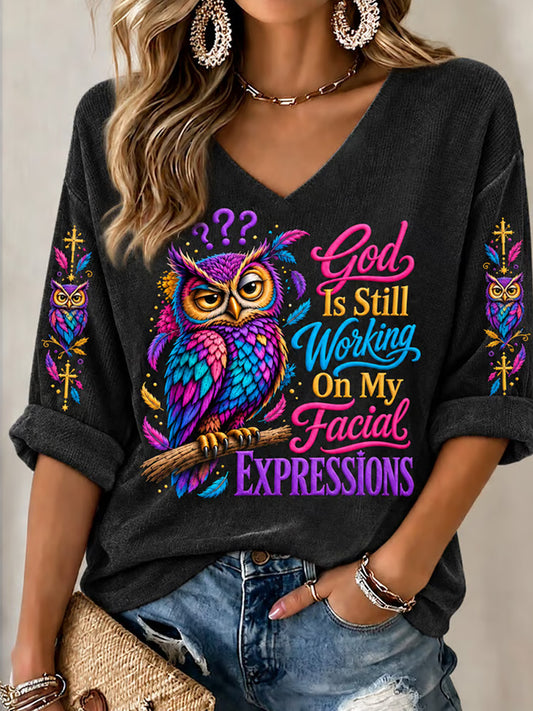 Women's God Is Still Working On My Facial Expressions Print Waffle V-Neck Tee