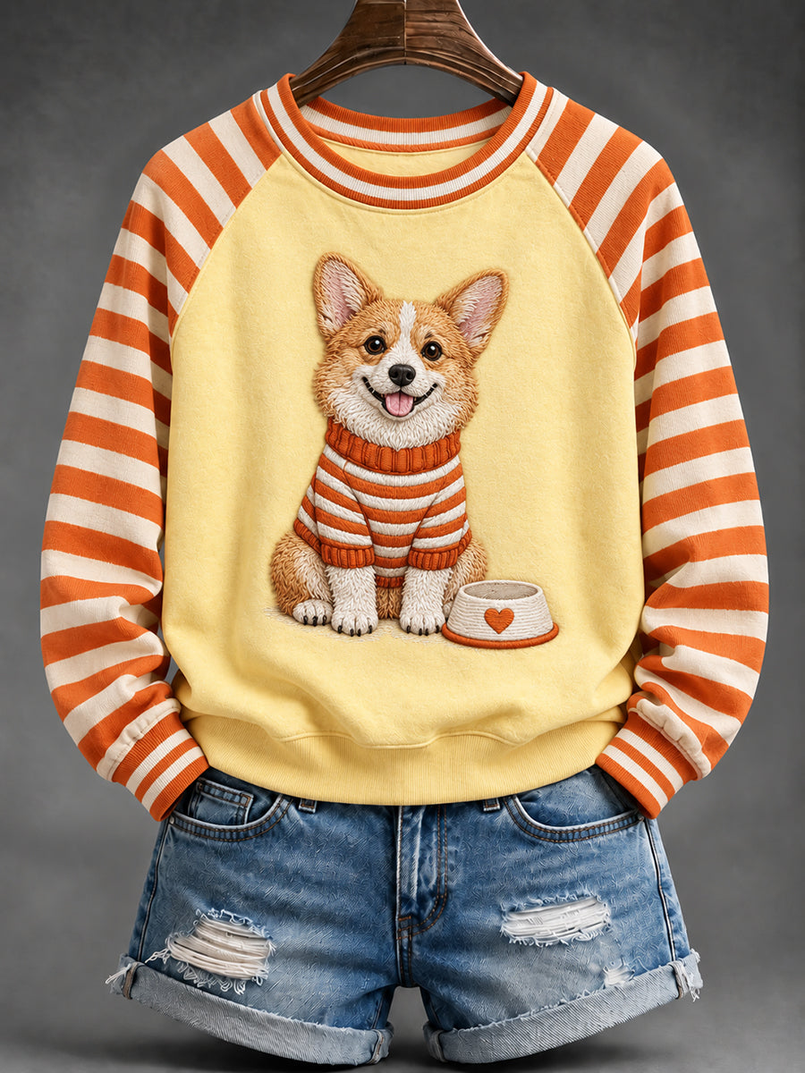 Women's Cute Corgi Dog Print Striped Raglan Sleeve Sweatshirt