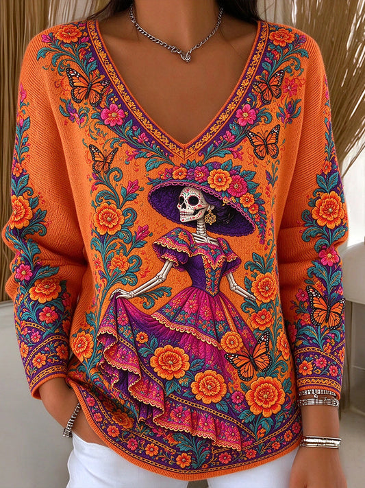 Women's Mexico Day of The Dead Floral Art Printed Tops