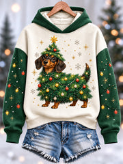 Women's Funny Cute Dachshund Christmas Tree Print Casual Hoodie