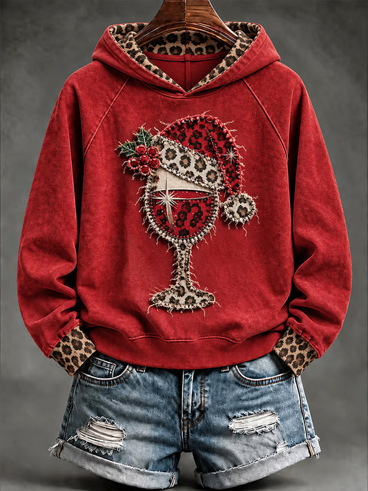 Women's Christmas Leopard Red Wine Glass Print Casual Hoodie