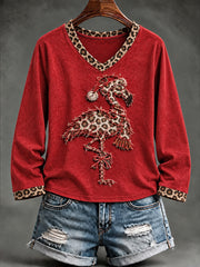 Women's Christmas Leopard Flamingo Print Casual Long-Sleeve T-Shirt