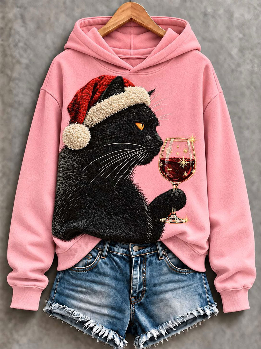 Women's Christmas Black Cat Red Wine Glass Print Regular Sweatshirt