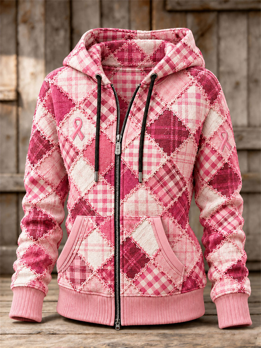 Women's Breast Cancer Awareness Checkered Pattern Zip-Up Hoodie