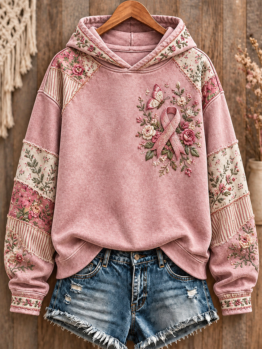 Women's Bohemian Style Breast Cancer Awareness Floral Art Printed Hoodie