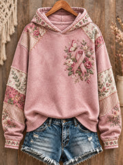 Women's Bohemian Style Breast Cancer Awareness Floral Art Printed Hoodie