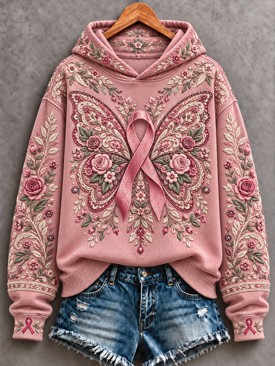 Women's Bohemian Style Breast Cancer Awareness Floral Art Printed Hoodie