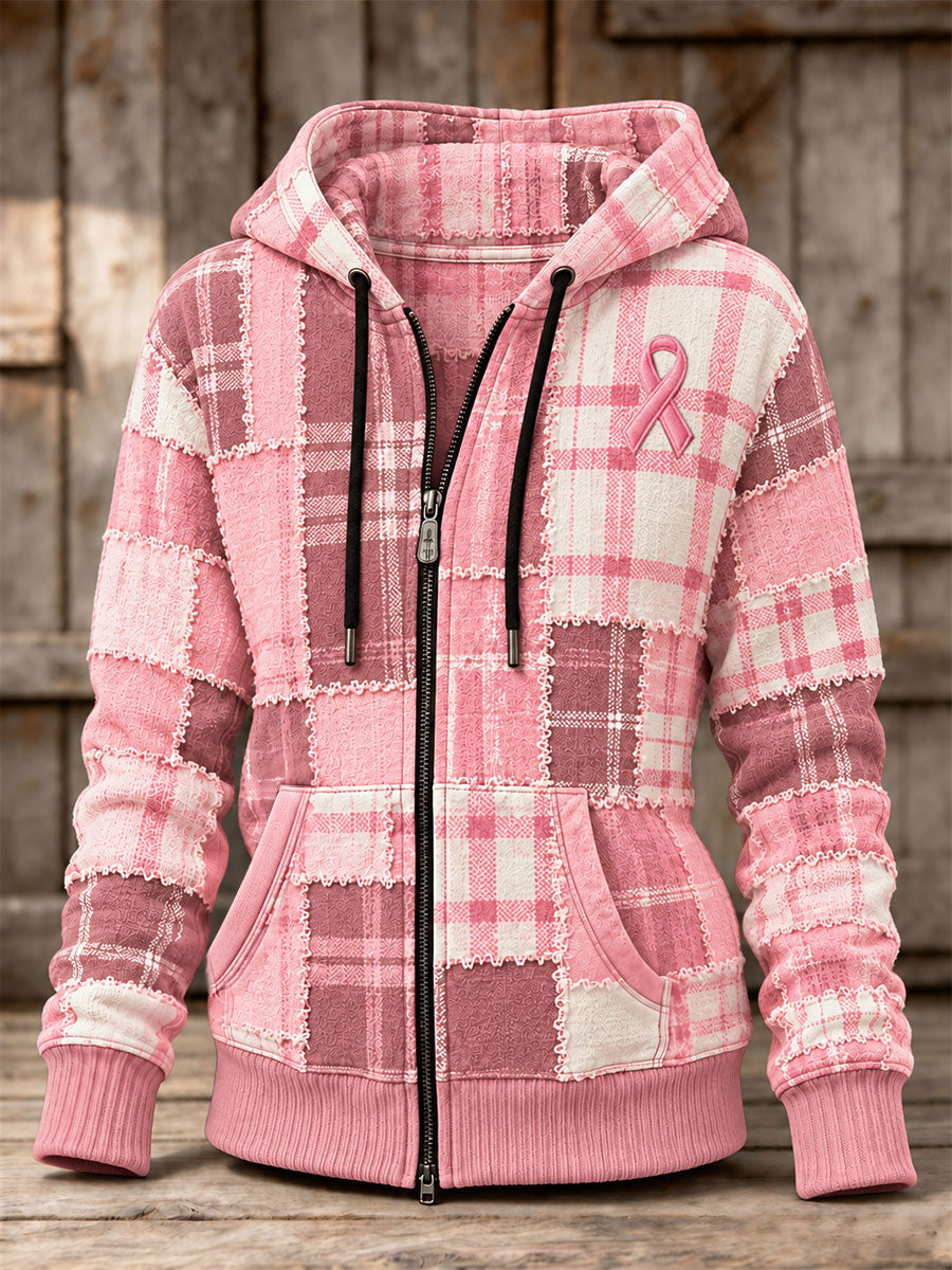 Women's Breast Cancer Awareness Checkered Pattern Zip-Up Hoodie