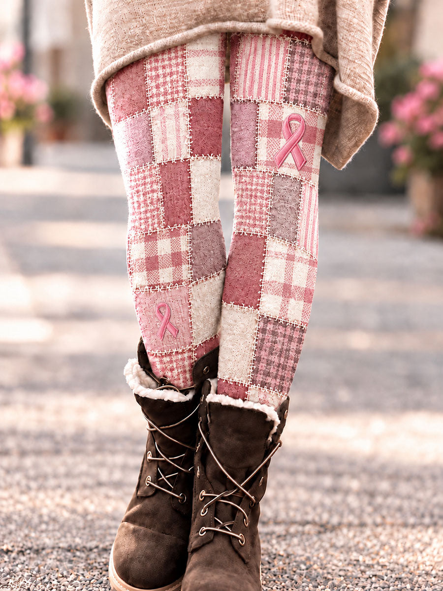 Women's Breast Cancer Awareness Checkered Pattern Velvet Leggings