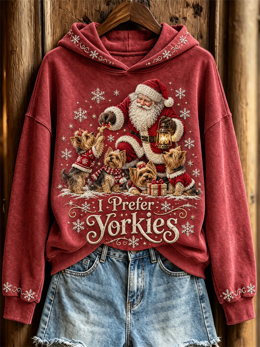 Women's I Prefer Yorkies Christmas Santa Claus & Dogs Print Regular Sweatshirt
