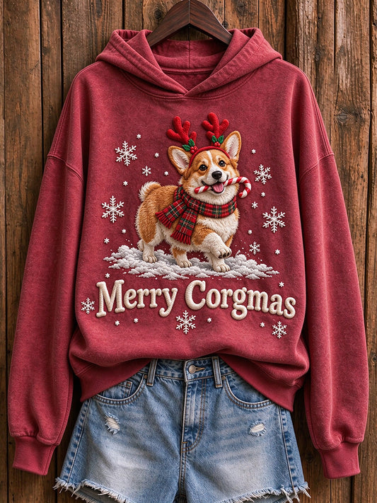 Women's Christmas Corgi Merry Corgmas Print Cozy Hoodie