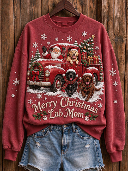 Women's Merry Christmas Lab Mom Santa Claus & Dogs Print Sweatshirt
