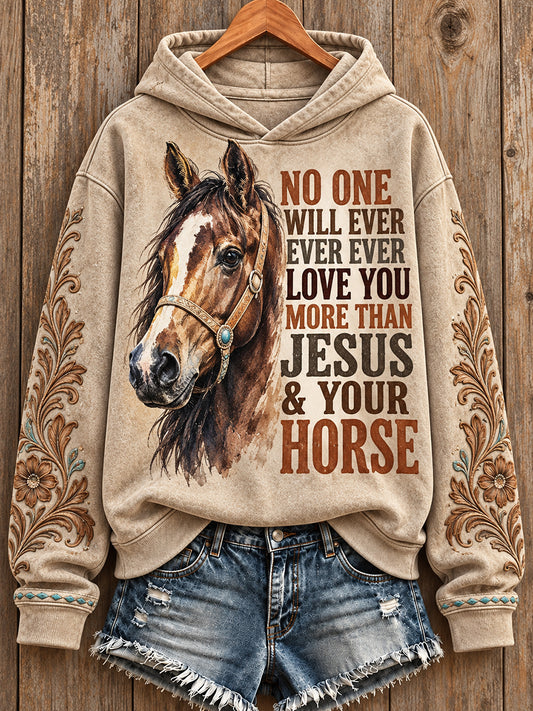 Women's Vintage Western Syle Faith&Horses Lover Printed Hoodie