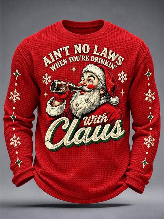 Men's Christmas Santa Claus Drink Beer Print Casual Waffle Long Sleeve T-Shirt
