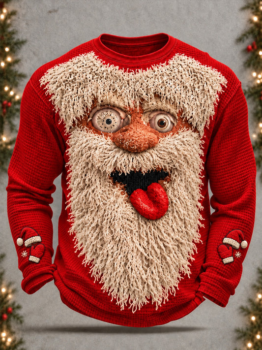 Men's Funny Santa Claus Ugly Print Waffle Long Sleeve T-Shirt