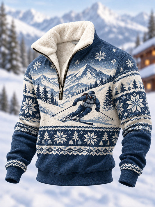 Men's Ski Lovers Ready for Ski Season Casual Plush Zipper Pullover
