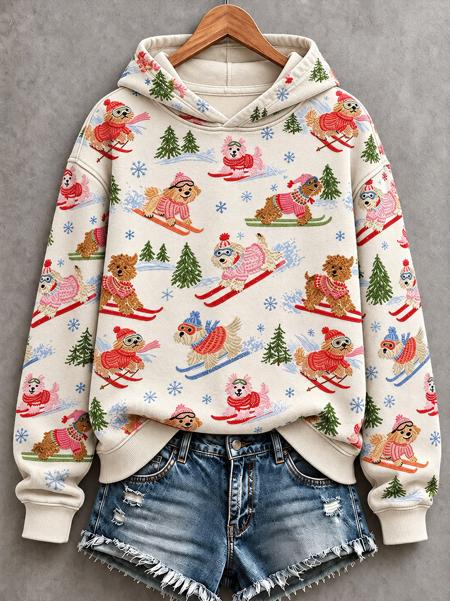 Women's Lovely Skiing Dogs Print Comfy Hooded Sweatshirt