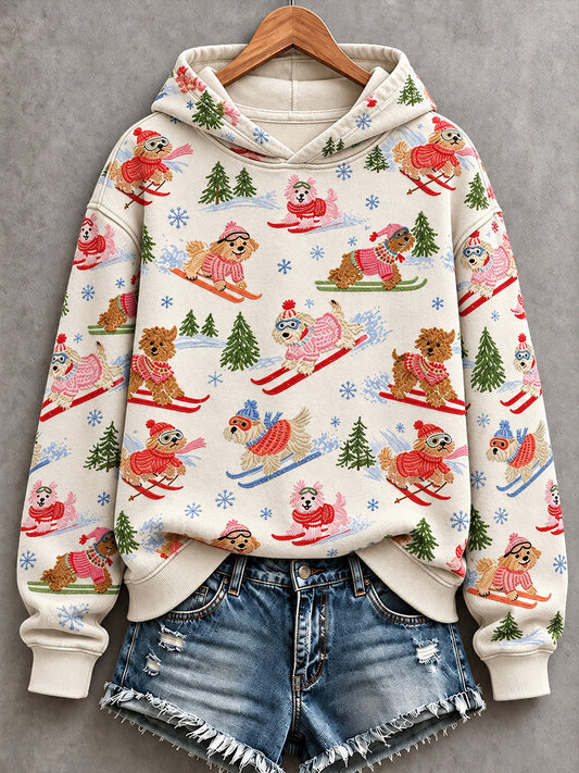 Women's Lovely Skiing Dogs Print Comfy Hooded Sweatshirt