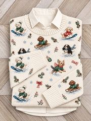 Women's Cute Snowboarding Dogs Print Crew Neck Sweater