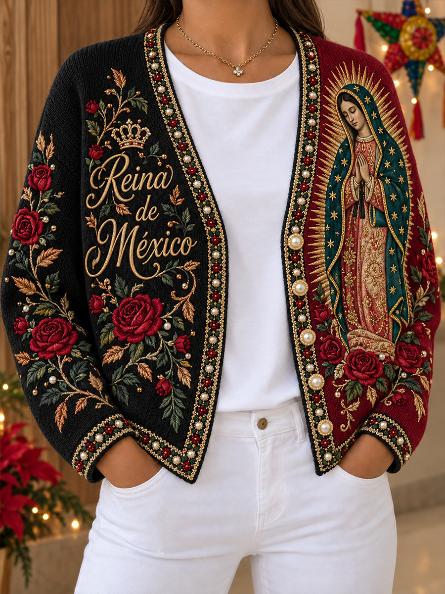 Women‘s Mexico Our Lady of Guadalupe Day Floral Art Printed Cardigan