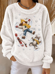 Women's Girl and Cat Playing in the Snow Printed Casual Flannel Hoodie