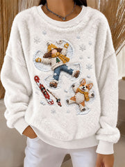 Women's Girl and Corgi Playing in the Snow Printed Casual Flannel Hoodie